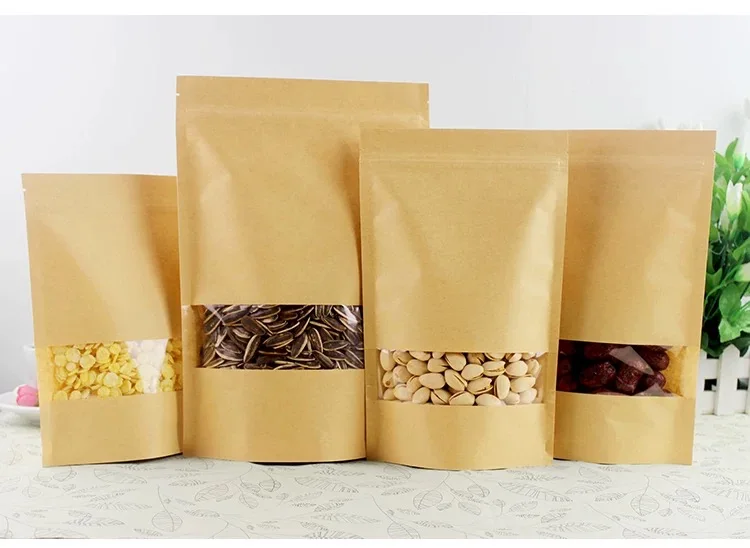 

Zip-lock Stand Up Front Clear Window Kraft Paper Bags Recloseable Kraft Moistureproof Packaging Storage Nut Snacks Tea Pouches