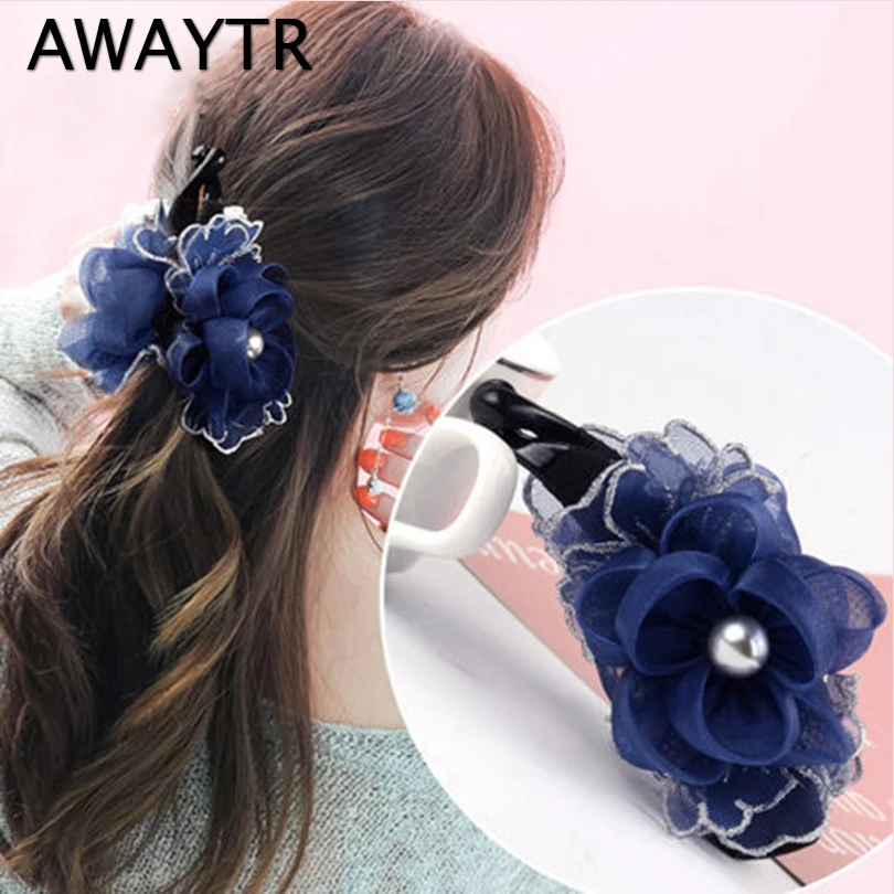 

AWAYTR Elegant Flower Hairpins Barrettes for Women Female Long Banana Hair Claw Clips Clamp Headwear Hair Styling Accessories