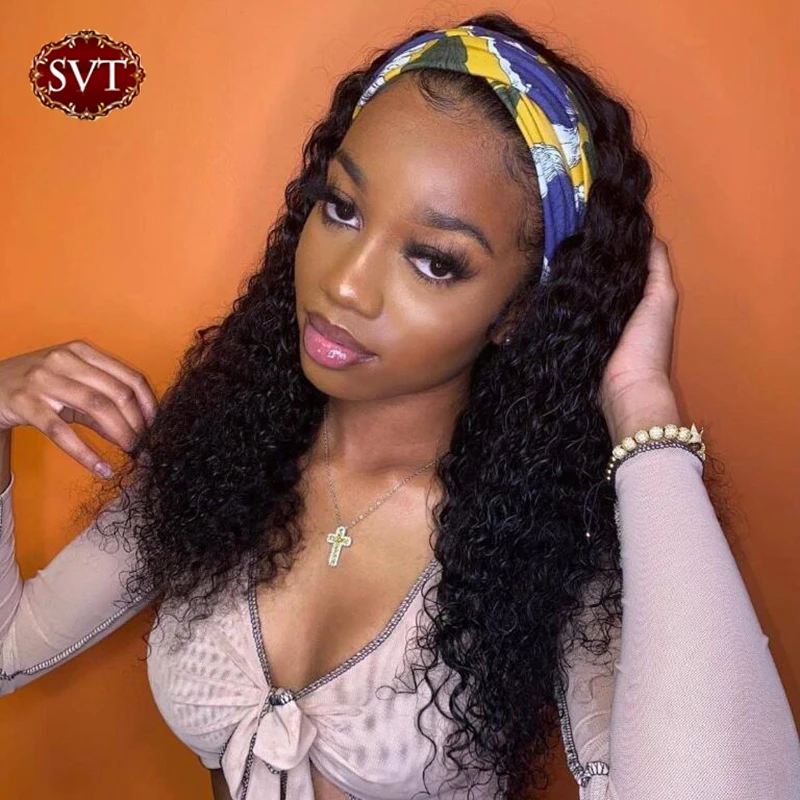 

SVT Curly Headband Wig Glueless Human Hair Wigs For Black Women Scarf Natural Black Kinky Jerry Curly 100% Human Hair Band Wigs