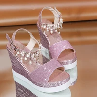 2021 womens wedges shoes high heels fashion crystal sandals comfortable summer ankle strap woman sandals wedges thick shoe