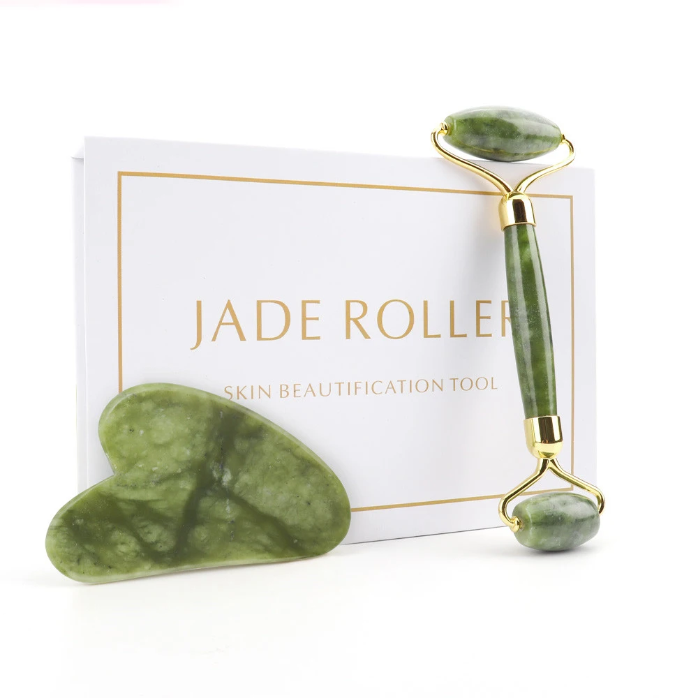 

2pcs/set Natural Jade Jade Stone Facial Massage Roller Face Spa Massage Gua Sha Scraper Board Face Lift Up Wrinkle Remover Set
