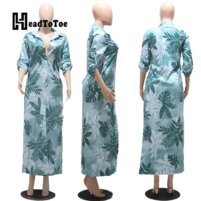 

Tropical Print Button Fashion Dresses for Women Full Sleeve Turn Down Collar Mid-calf Straight T Shirt Dress Women