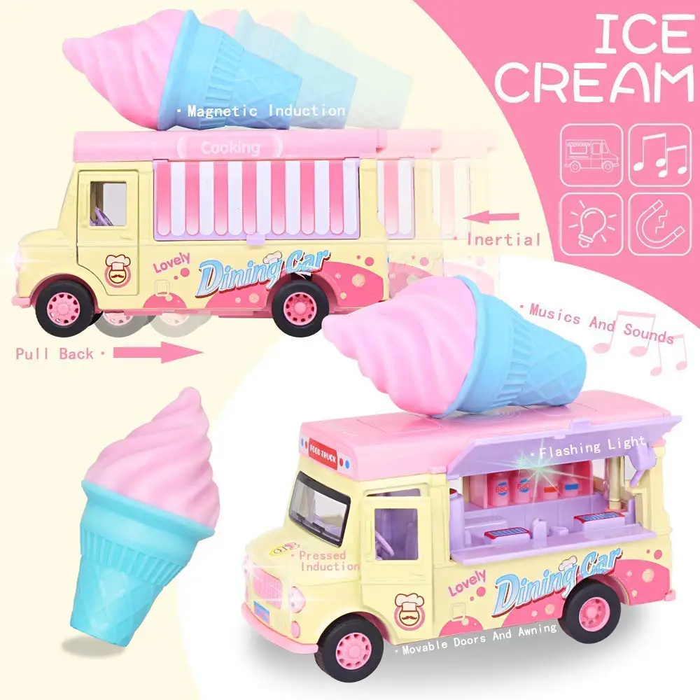 Pull Back Car Food Truck Vehicle Toy Car with Music, Light, Openable Doors, Awning, Ice Cream Toy Cart - Alloy Toy Trucks image 2