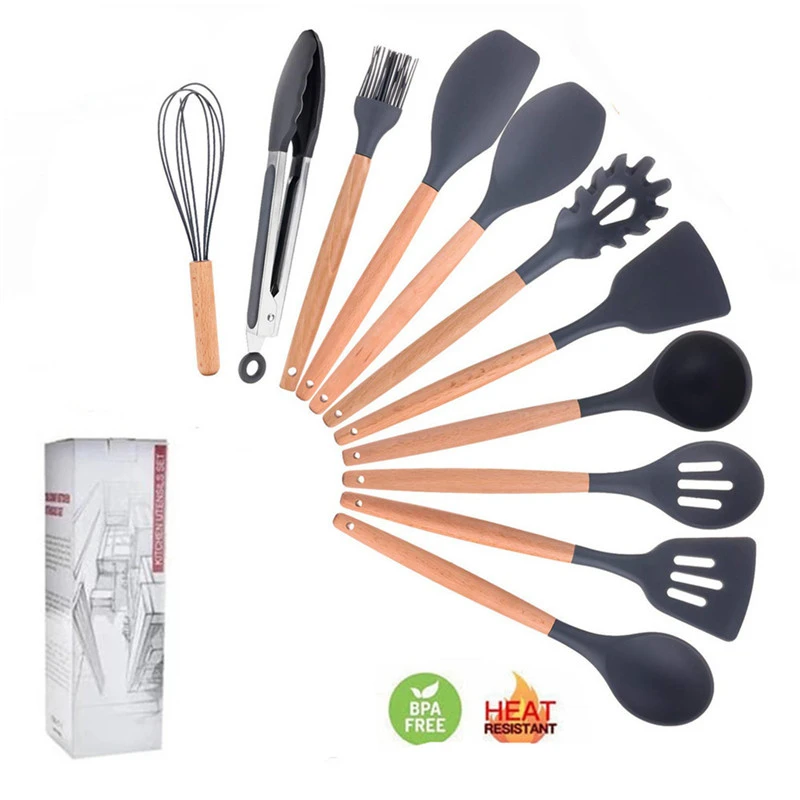 utensilio de cozinha 11/12-itens, kit cozinha, silicone, utencilios para cozinha frete gratis,ferramentas de cozinha,utensilhos de cozinha,conjunto cozinha acessórios, alça de madeira,espátula colher, concha, pinça c - Цвет: 12-PCS kitchen set
