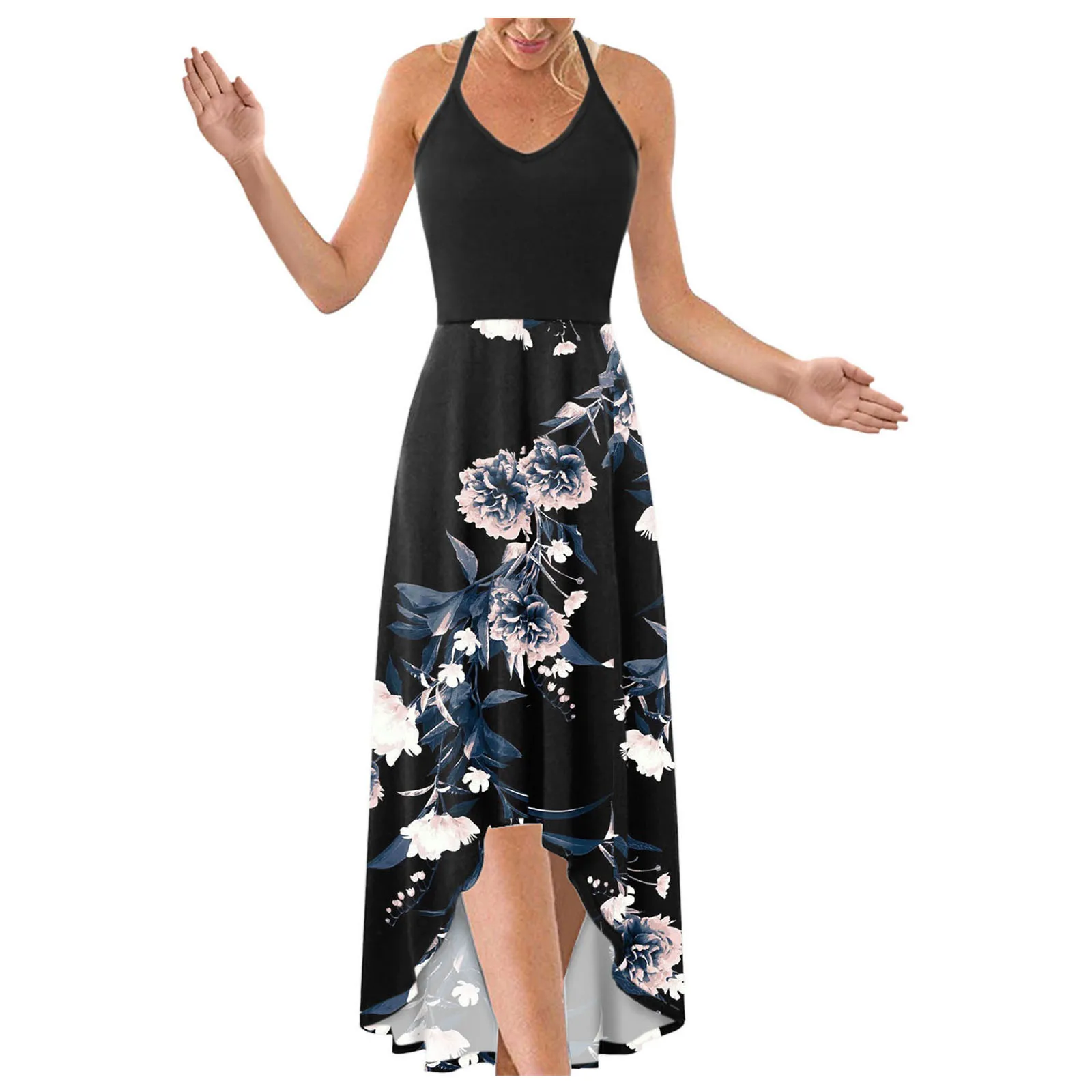 

40# Bohemian Irregular Dress 2021 Elegant Halter Pleated Straight Sleeveless Spagetti Strap Summer Dress Sexy Floral Print Dress