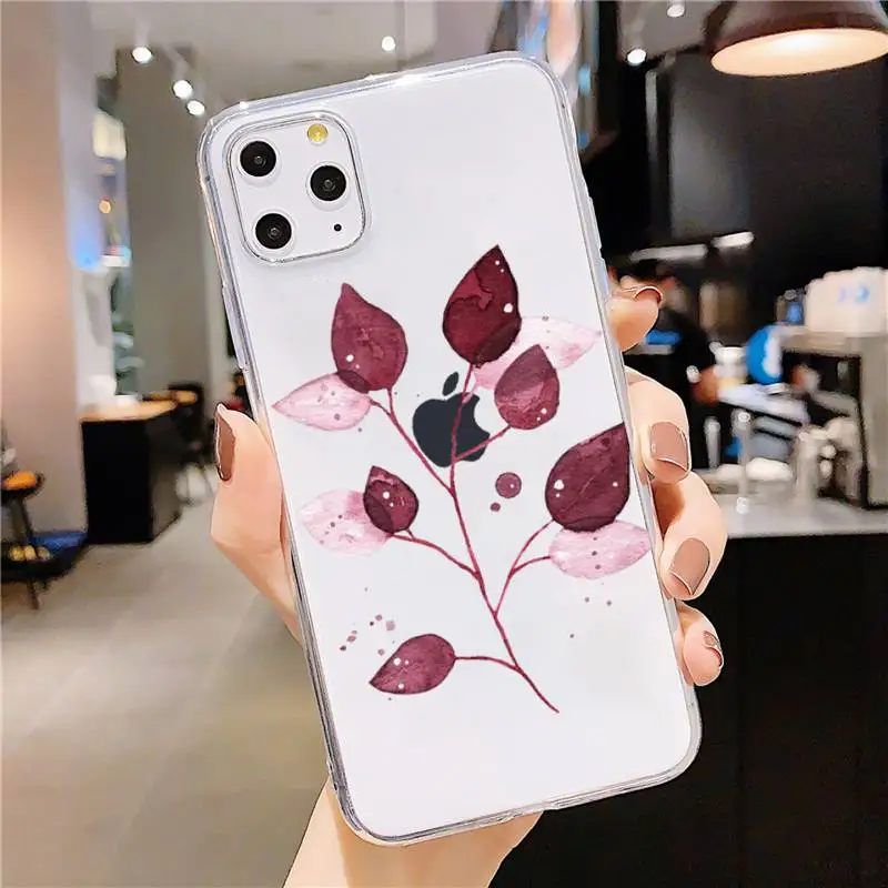 

Cute pink leaves Phone Case Transparent soft For iphone 5 5s 5c se 6 6s 7 8 11 12 plus mini x xs xr pro max
