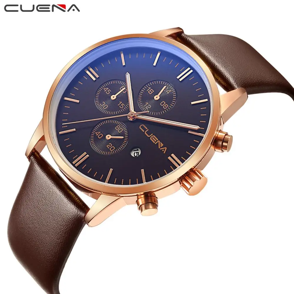

CUENA Men Watch Luxury Faux Leather Mens Three-Eye Blue Ray Glass Quartz Analog Wrist Watches With Calen Relogio Masculino