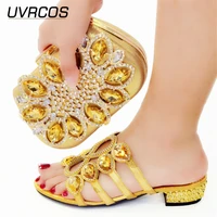 italian design nigerian newest party women shoes and bag set decorated with convenient rhinestone in golden color for party