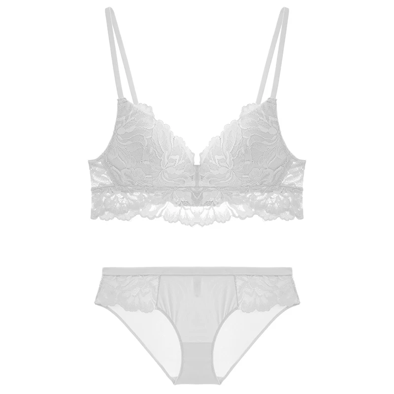 2 Piece Sets Floral Lace Bra And Panty Set For Women Triangle Wireless Thin Push Up Girls Bralette Embroidery Sexy Lingerie Pink