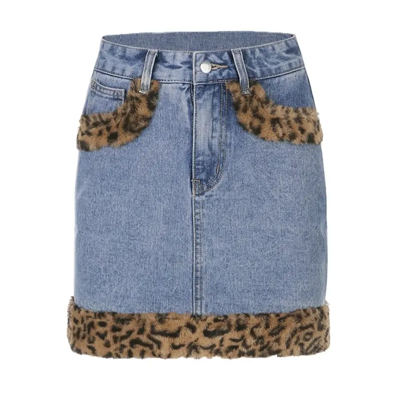 

2021 Patchwork Leopard Fur Harajuku Punk Y2K Denim Mini Skirt Ladies Summer High Waist Jeans Shorts Skirts Women Fashion Korean