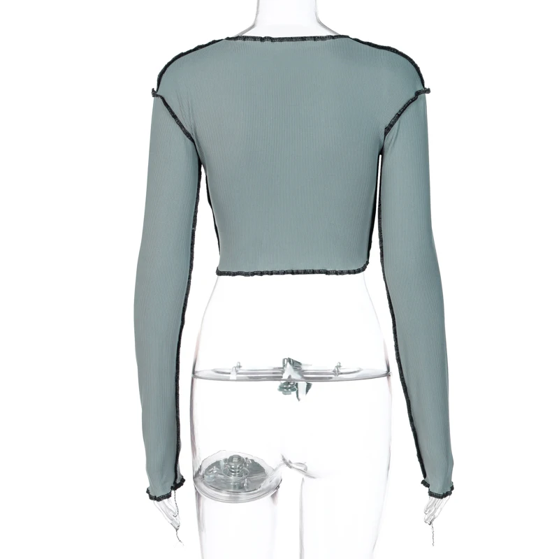 

New Bow Tie Up Deep V Long Sleeve Cardigan Crop Tops for Women Pop Fall Winter New Sexy Woman Tshirts