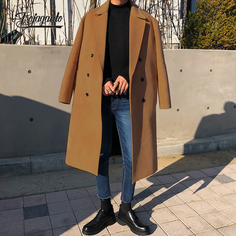 FOJAGANTO Autumn Winter Fashion Woolen Blends Coat Men Korean Style Lapel Solid Color Windbreaker Thick British Casual Coat Male