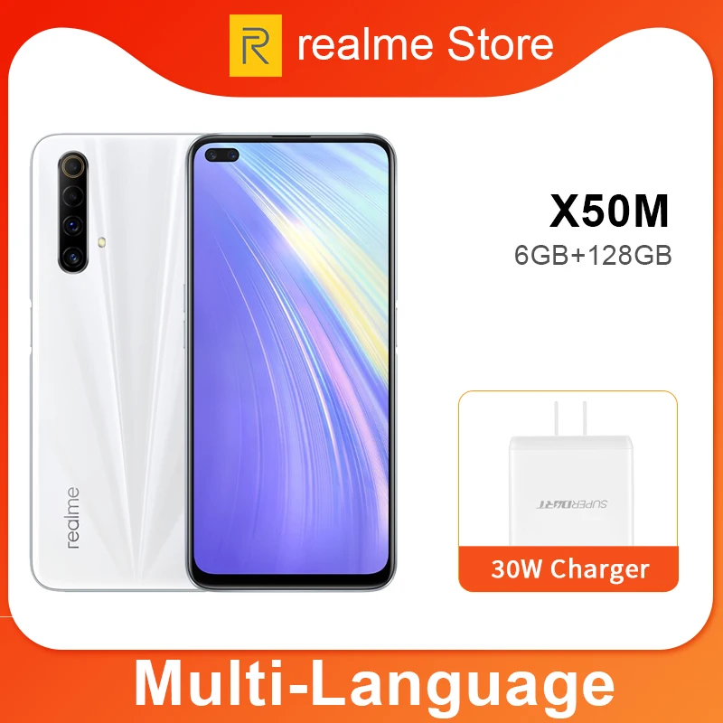 Фото Realme X50m 6 ГБ 128 Мобильный телефон Snapdragon 765G Octa Core 48MP с четырьмя камерами 30 Вт Зарядное