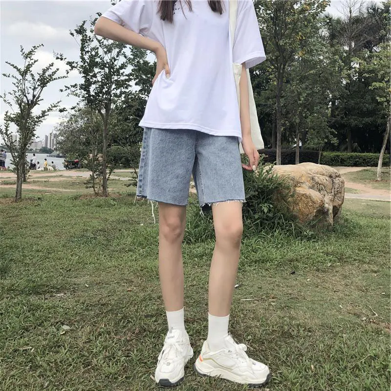 

Denim Shorts for Women 2021 New Loose Korean Style Fifth High Waist Straight Design Sense Niche Wide-Leg Pants