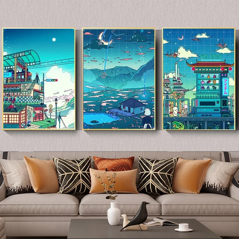 Скандинавский мультфильм городской пейзаж Аниме Комикс мир искусство печать