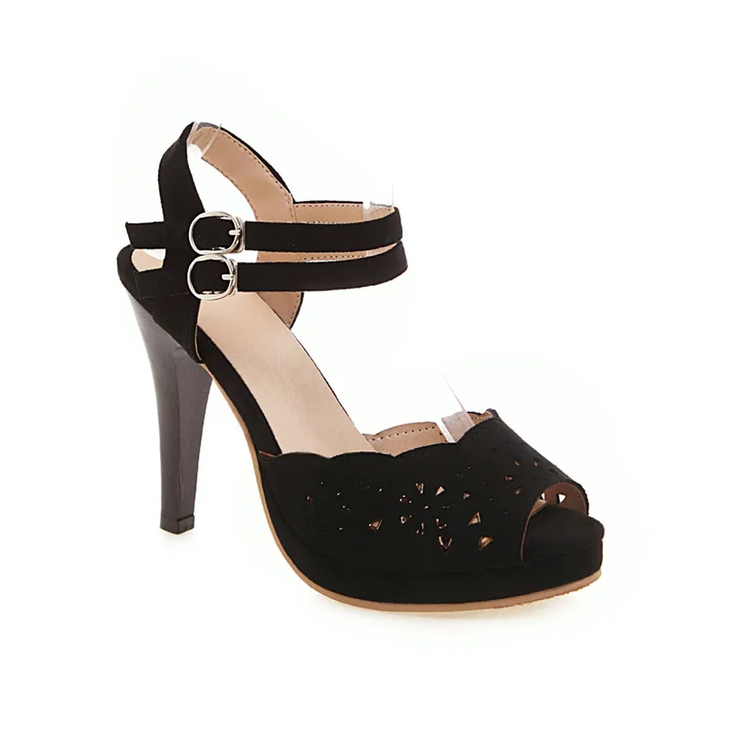 

YMECHIC Summer 2019 Hollow Flower Purple Black Wine Red Stiletto Peep Toe High Heels Sandals Female Buckle Party Shoes Plus Size