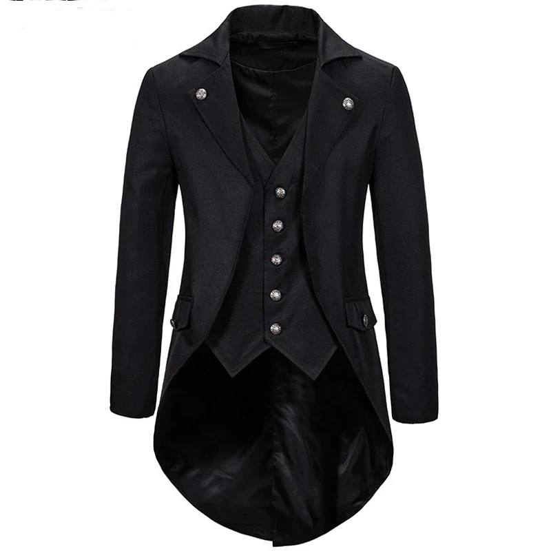 

MyLoddy Steampunk Men Tuxedo Cosplay Costume Mens Gothic Victorian Blazer Notched Lapel Fake Two Pieces Festival Men Coat