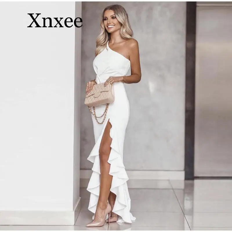 

Белое Женское платье на одно плечо с рюшами и разрезом сбоку, женские длинные вечерние платья, новинка 2020, весенне-летние облегающие Женские...