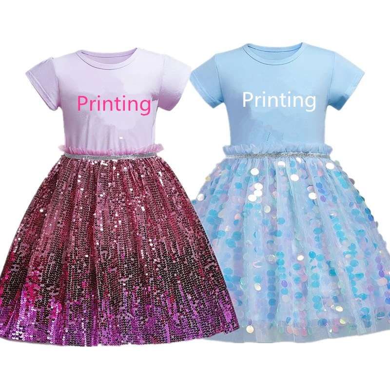 

New Baby Girl Summer Princess Dress Girls Cartoon Print Short-sleeve Mesh Dresses Children Sequined Party Clothes