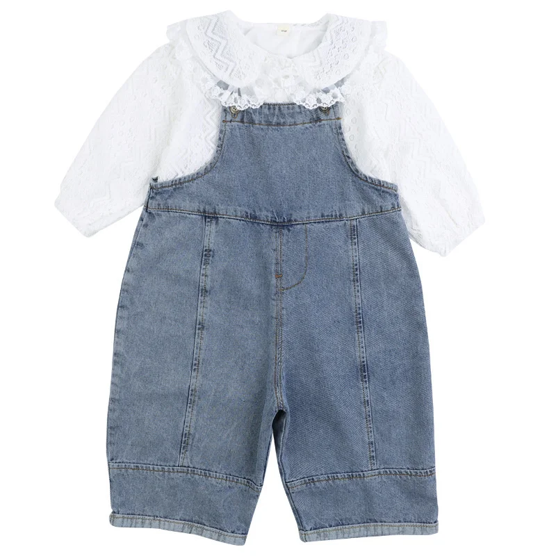 

Girls' Set 2021 Autumn New Korean Children's Wear White Lace Shirt Loose Denim Suspender Two-piece Set