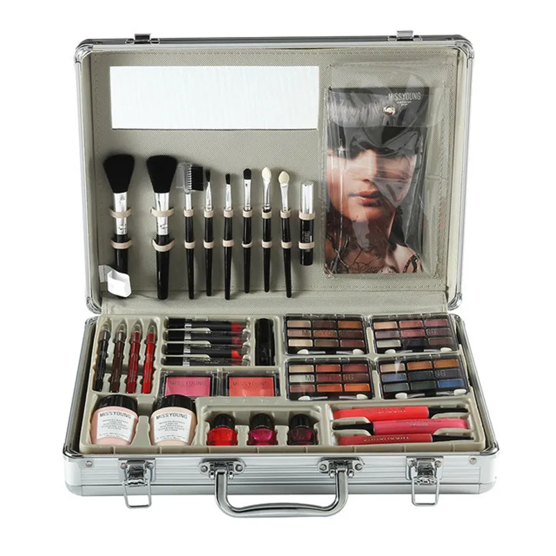 Professional Makeup Set Aluminum Box Eyeshadow Foundation Lip Gloss Lipliner Blush Brush Multifunctional Cosmetic Tool