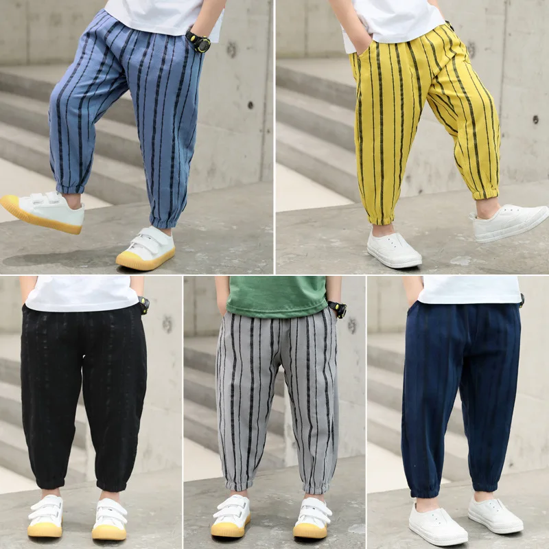 

Boys Loose Striped Pants Clothing Kids Cotton Sport Pants Baby Big Boys Mid Waist Summer Ankle Length Trousers Clothes Age 4-16Y
