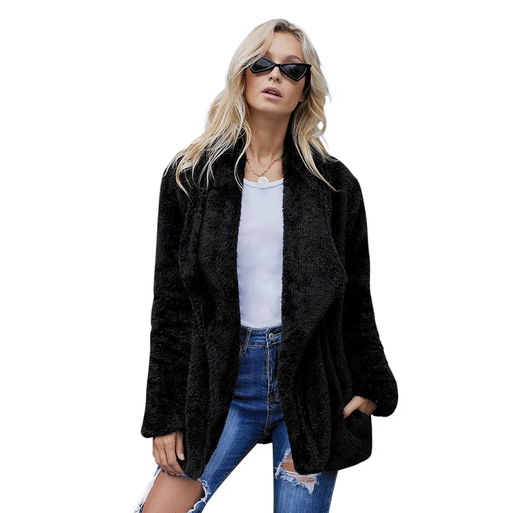 

2021 New Fall Winter Faux Fur Long Sleeve Woman Coat Warm Hoodies Clothing Gre Brown Black Jacket