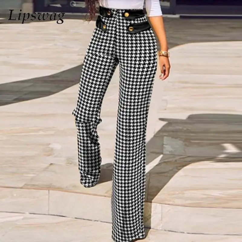 

Houndstooth Plaid Print Straight Pants Women New Spring High Waist Buttoned Office Suit Pants Autumn Slim Bodycon Trousers Mujer