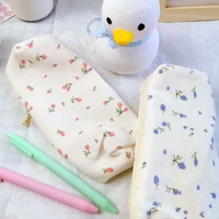 ins cute simple style little flowers pencil bag cotton large capacity pencil case school supplies girls stationery storage bag