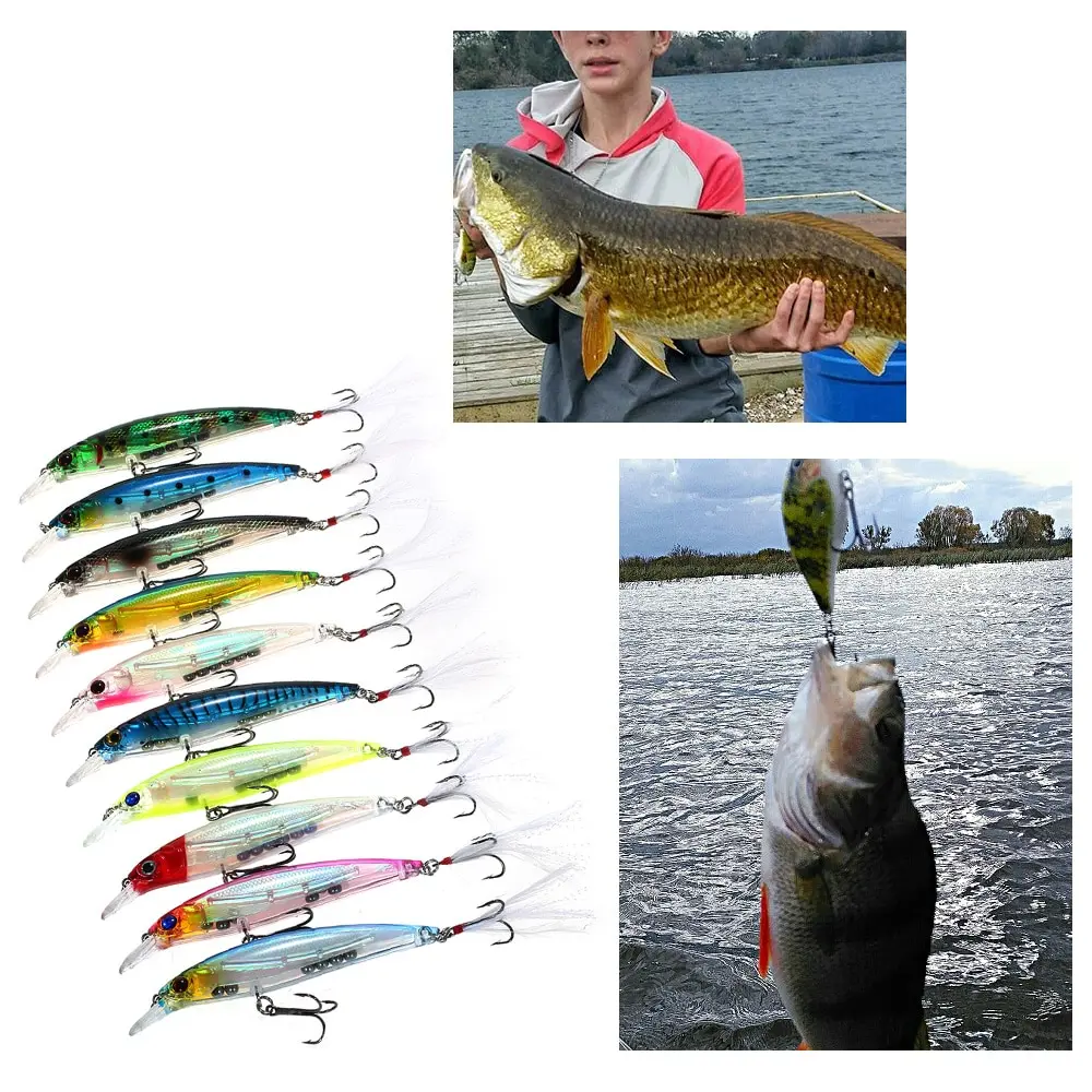 Lixada 10PCS 0.6-1.8m Diving Minnow Fishing Lures 13.6g 110mm Artificial Bait Hard Lure with #4 Feather Hooks | Спорт и развлечения