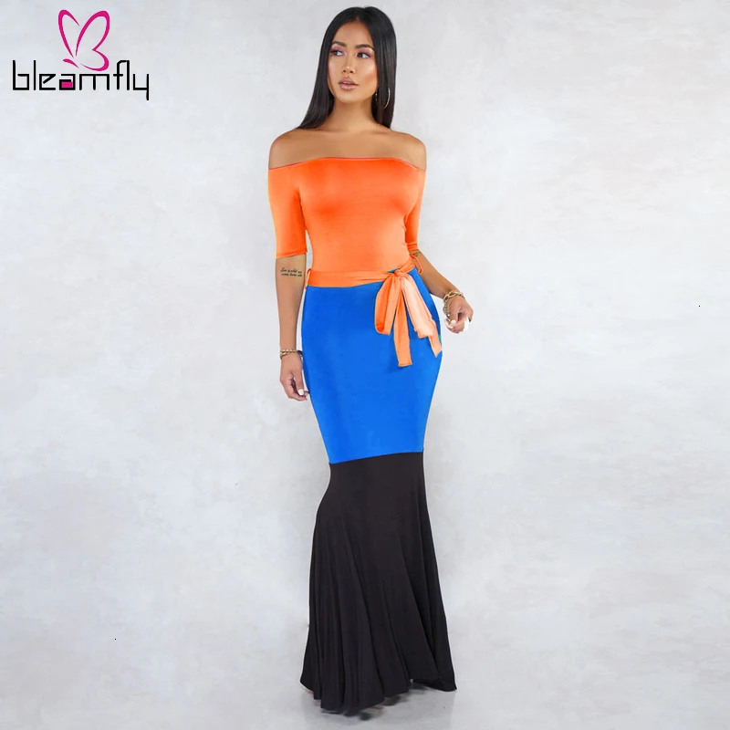 Сексуальное длинное платье макси с цветными блоками без бретелек Женская