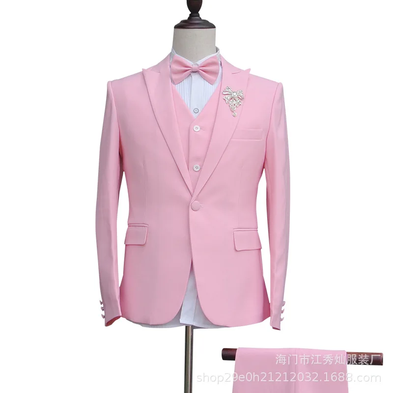 

Men's Wedding Tuxedos Pink Color Business Suits Slim Three-piece Groom Suit Stage Young Host Performing Dress Jacket Vest Pants