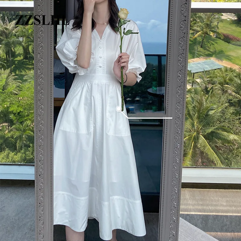 

Summer Dress Women Elegant Half Bell Puff Sleeve Buttons Slim Waist A Line Cotton White V Neck Dress Beach Temperament Clothes