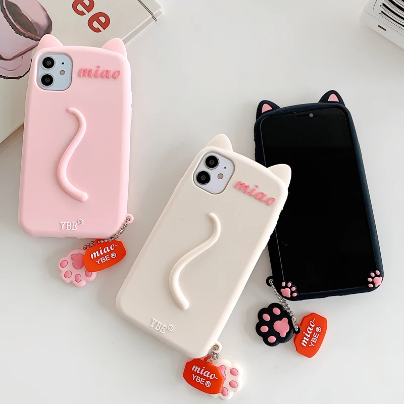 Soft Gel Silicone Cat Tail  Shockproof Phone Case For iPhone 11 Pro Max X XR 7 8 Plus 12 Back Phone Shell with Pendant