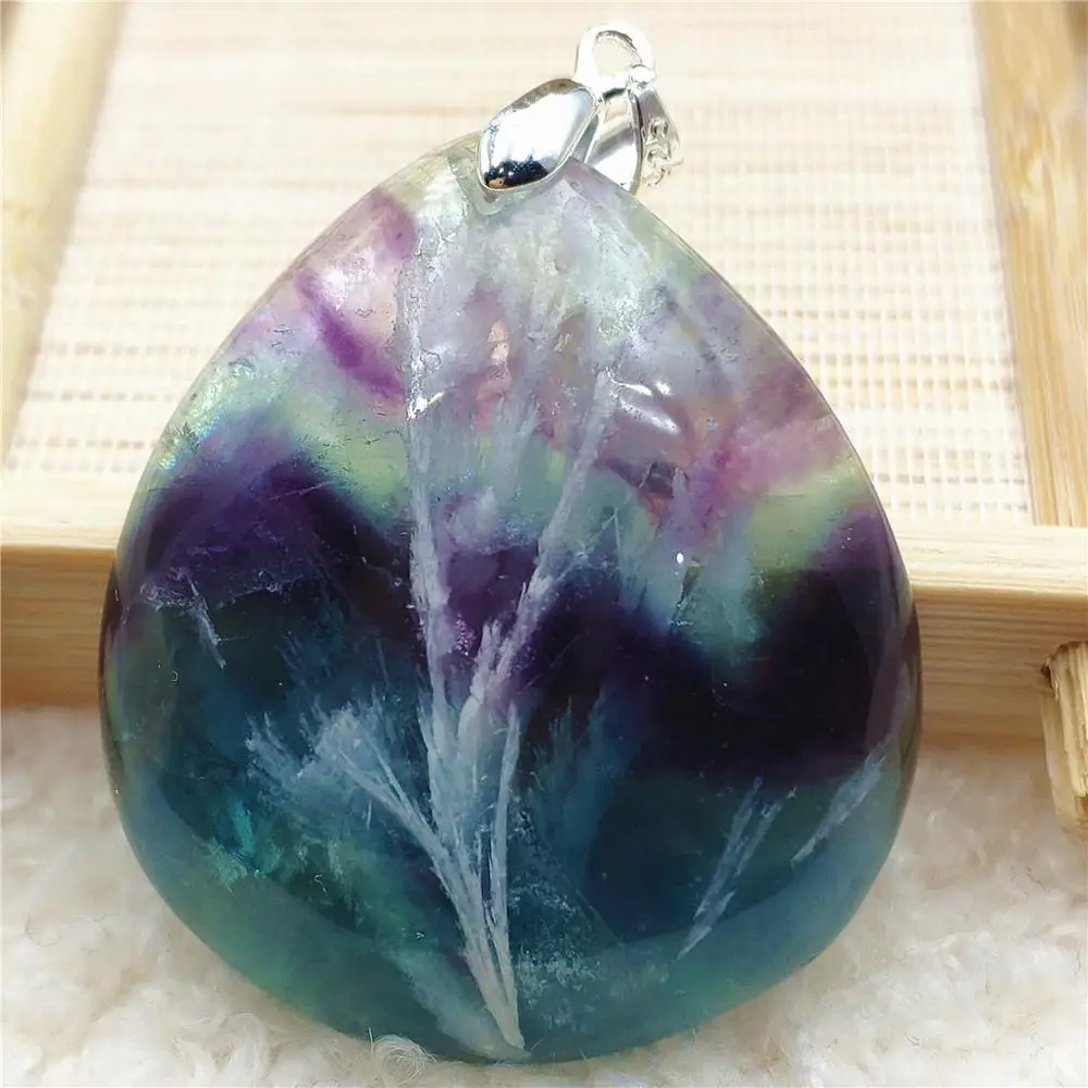 

Top Natural Blue Feather Fluorite Quartz Colorful Pendant 41x36x11mm Women Men Water Drop Fluorite Necklace Jewelry AAAAA