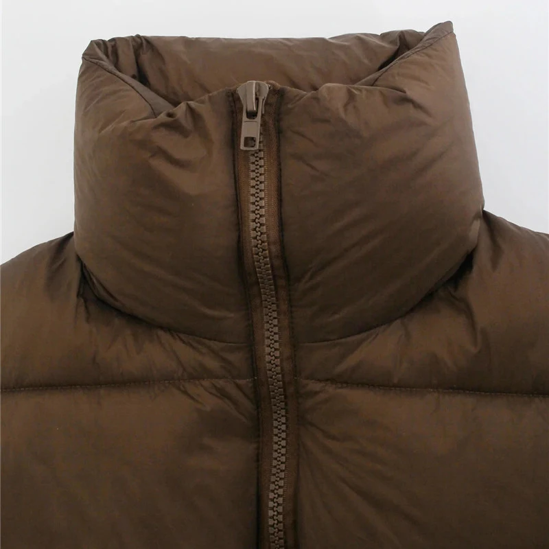 

Merodi Women Casual High Collar Za Coffee Color Short Parkas Outwear Chic Lady Fashion Zippers Sleeveless Jackets Vest