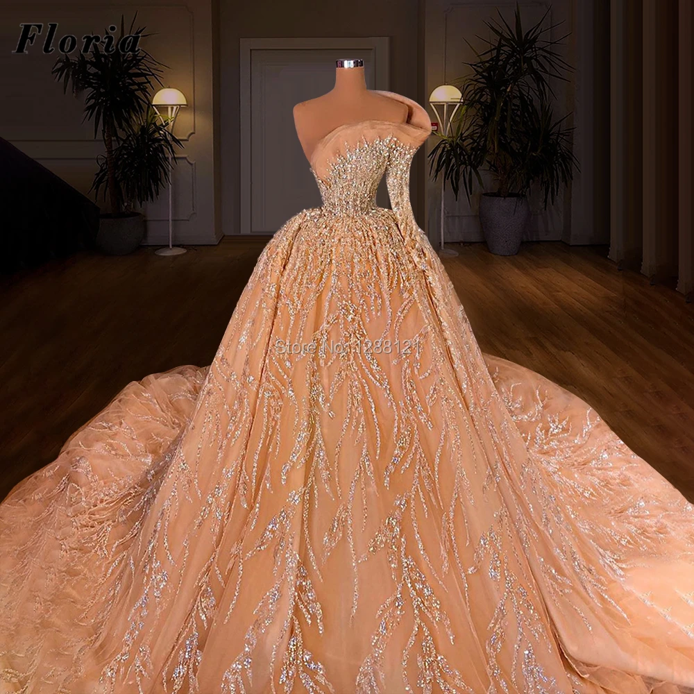 Heavy Beading One Long Sleeve Wedding Dresses 2021 New Luxury Bridal Gowns Vestido De Novia Saudi Arabia Rhinestone Bride Dress