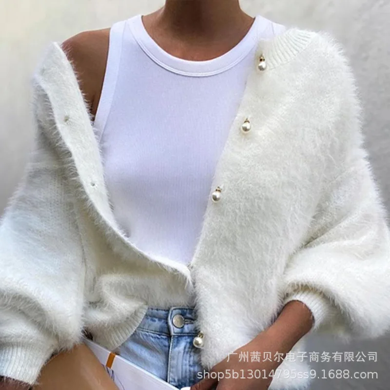 

WEPBEL Autumn Winter Fashion Loose Lantern Sleeve Sweater Coat Women's Casual Plush Cardigan Single-Breasted Sweater