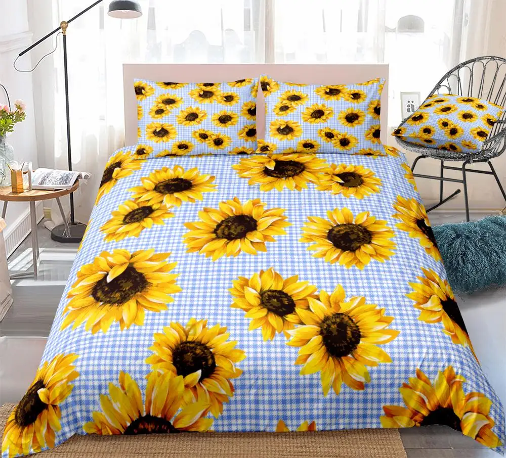 

3 Pieces Sunflowers Duvet Cover Set Blue White Plaid Bedding Kids Boys Girls Yellow Flowers Quilt Cover Queen Flower Dropship