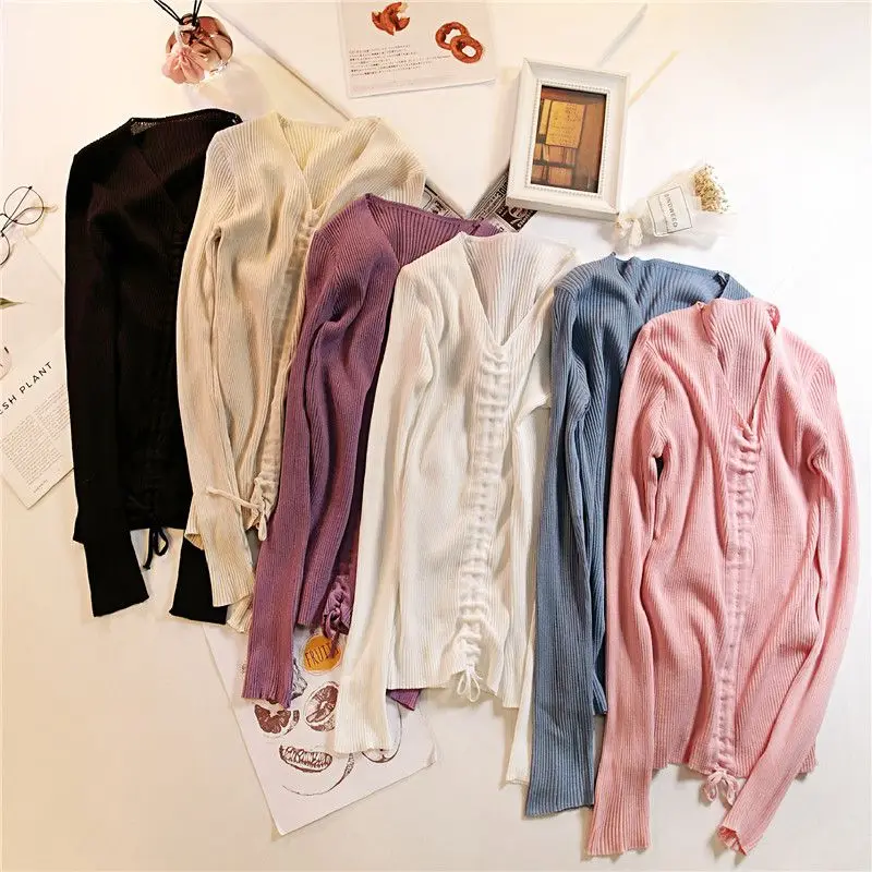 

2019 Korean Version Women Slim Sweaters Long Sleeve Drawstring Tops Fashion Knitted Thread Tops