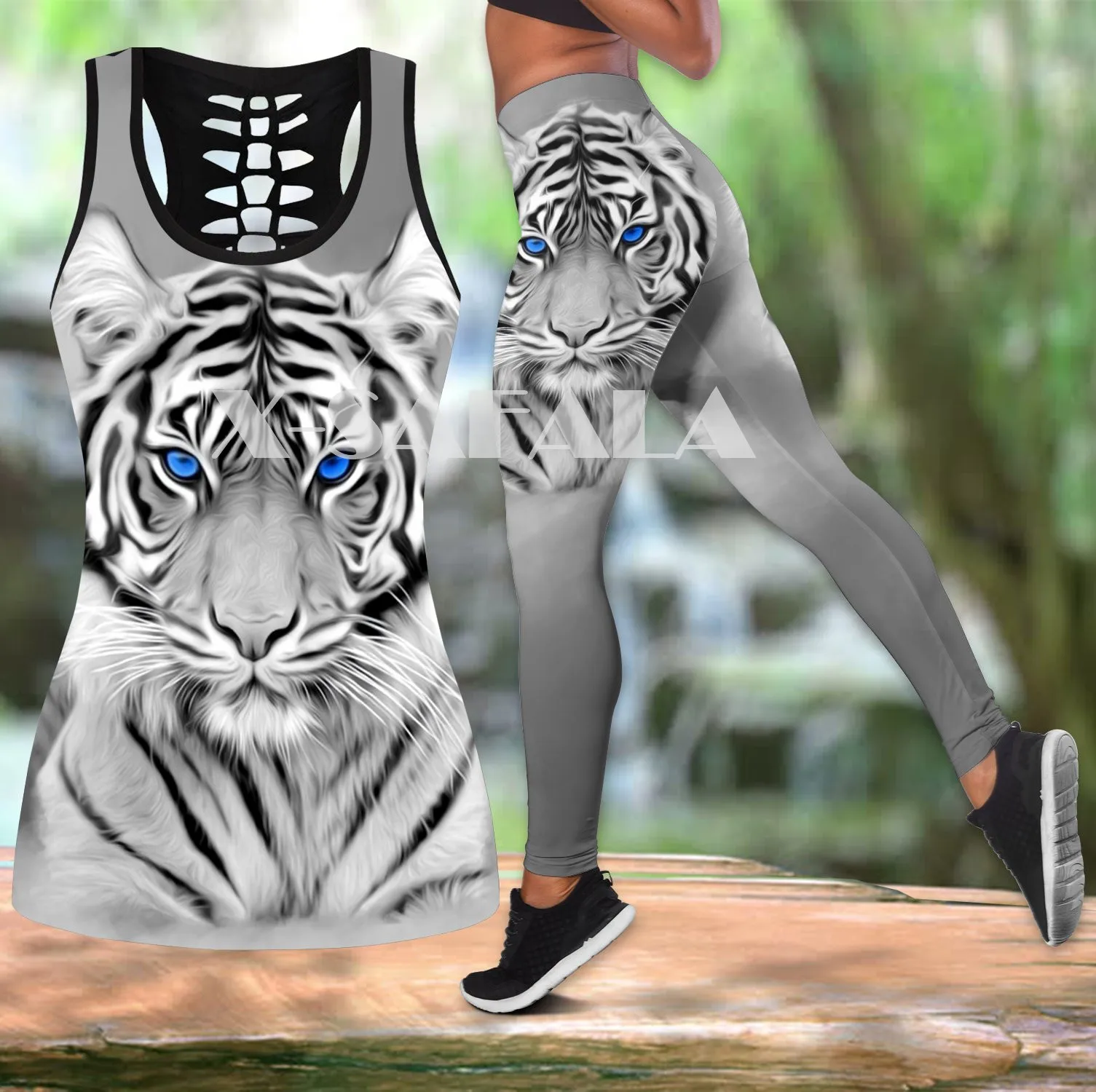 Conjunto de Yoga de dos piezas con estampado 3D para mujer, ahuecada camiseta sin mangas, leggings de cintura alta, ropa deportiva informal de verano, arte Animal de piel de tigre blanco