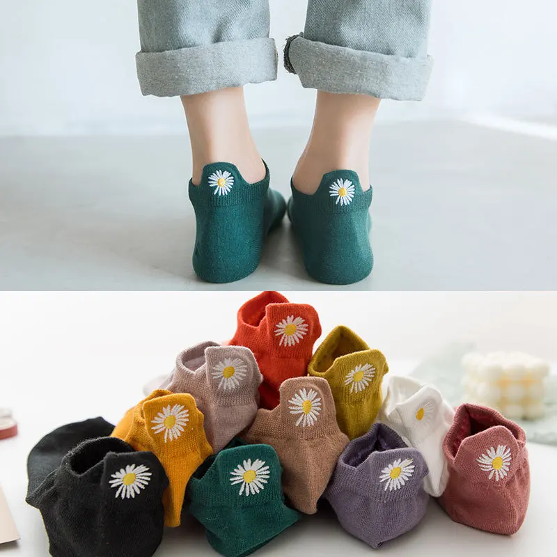 

1 пара, разноцветные женские носки с вышивкой маргариток, 100% хлопок, хризантемы, короткие носки для женщин, весна-лето