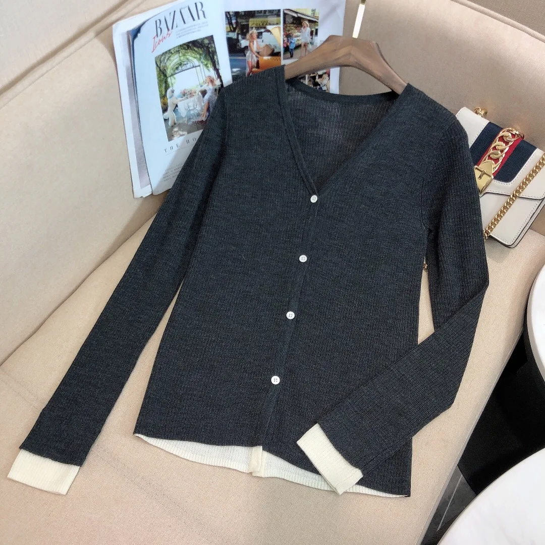 

2023 new fashion ladies long sleeve sexy casual V-neck fake two-piece wool sweater 1229