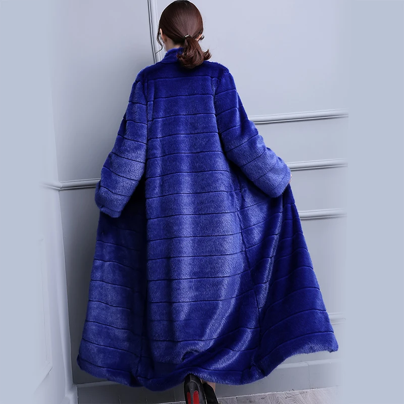 

Nerazzurri Winter extra long faux fur coat women stand collar Blue warm luxury korean fashion Runway soft fake mink fur overcoat