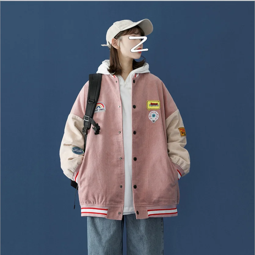 

Black Pink Outdoor Spring Fall Baseball Uniform Jacket Cool Color Matching Single Button Ladies Coats Sweet Female New Outerwear