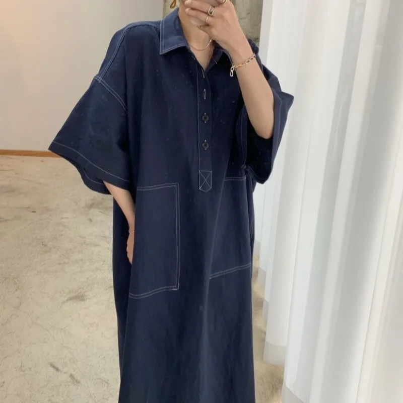 

Korean Spring Simple Dress Lapel Long Shirt Skirt Loose Thin Bright Line Double Pocket Short Sleeve Dress Women Forest