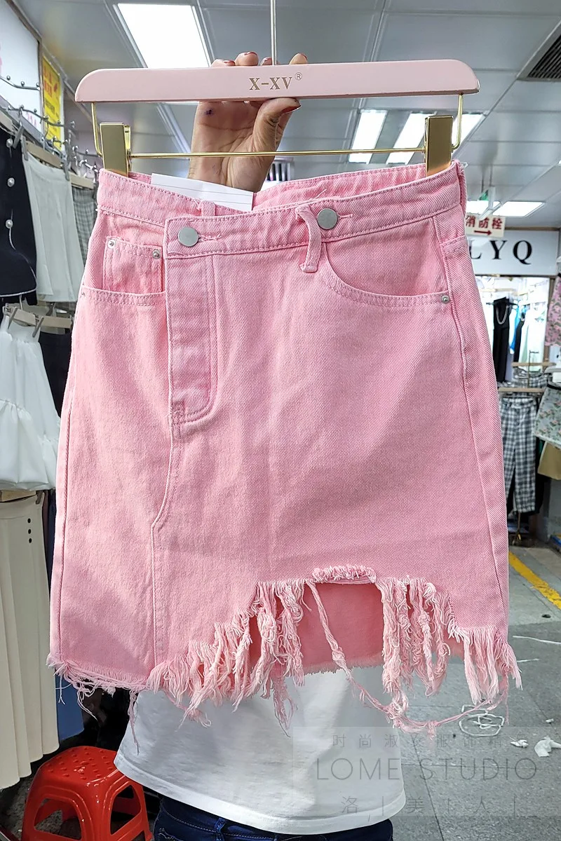

Irregular Sexy Burrs Tassels Ripped Denim Keen-length Skirt for Women Summer 2021 New Fashion High Waist A- Line Skirt