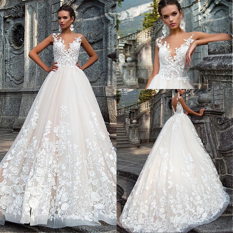 

Custom Made V-neck Backless Tulle A-line Applique Lace Wedding Gowns vestido noiva 2021 Wedding Dress Boho