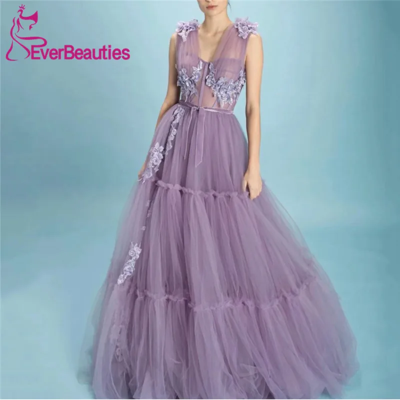 

A-Line Prom Dresses Long 2021 Tulle Appliques Evening Dress Formal Party вечерние платья V-Neck Vestido Niña Fiesta