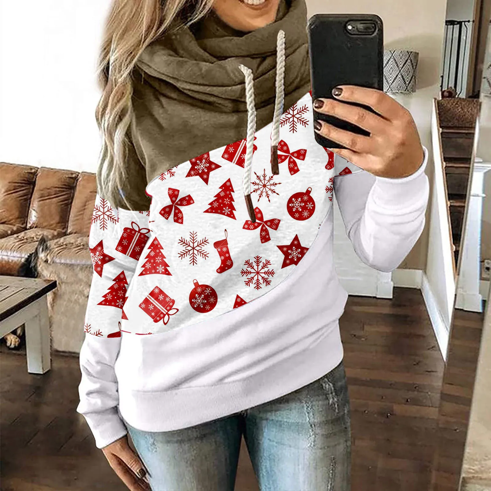 

2022 Christmas Women Autumn Winter Gradient Patchwork Hooded Sweatshirt Women Drawstring Long Sleeve Harajuku Pocket Hoodie Tops